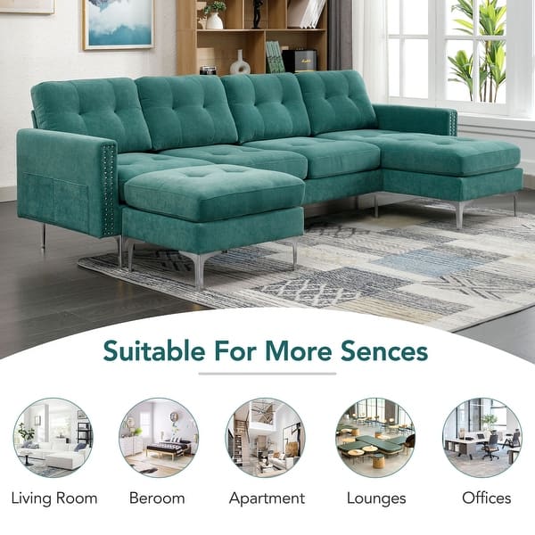 111" Velvet Sectional Sofa LShape Sleeper Couch with Ottoman, Green